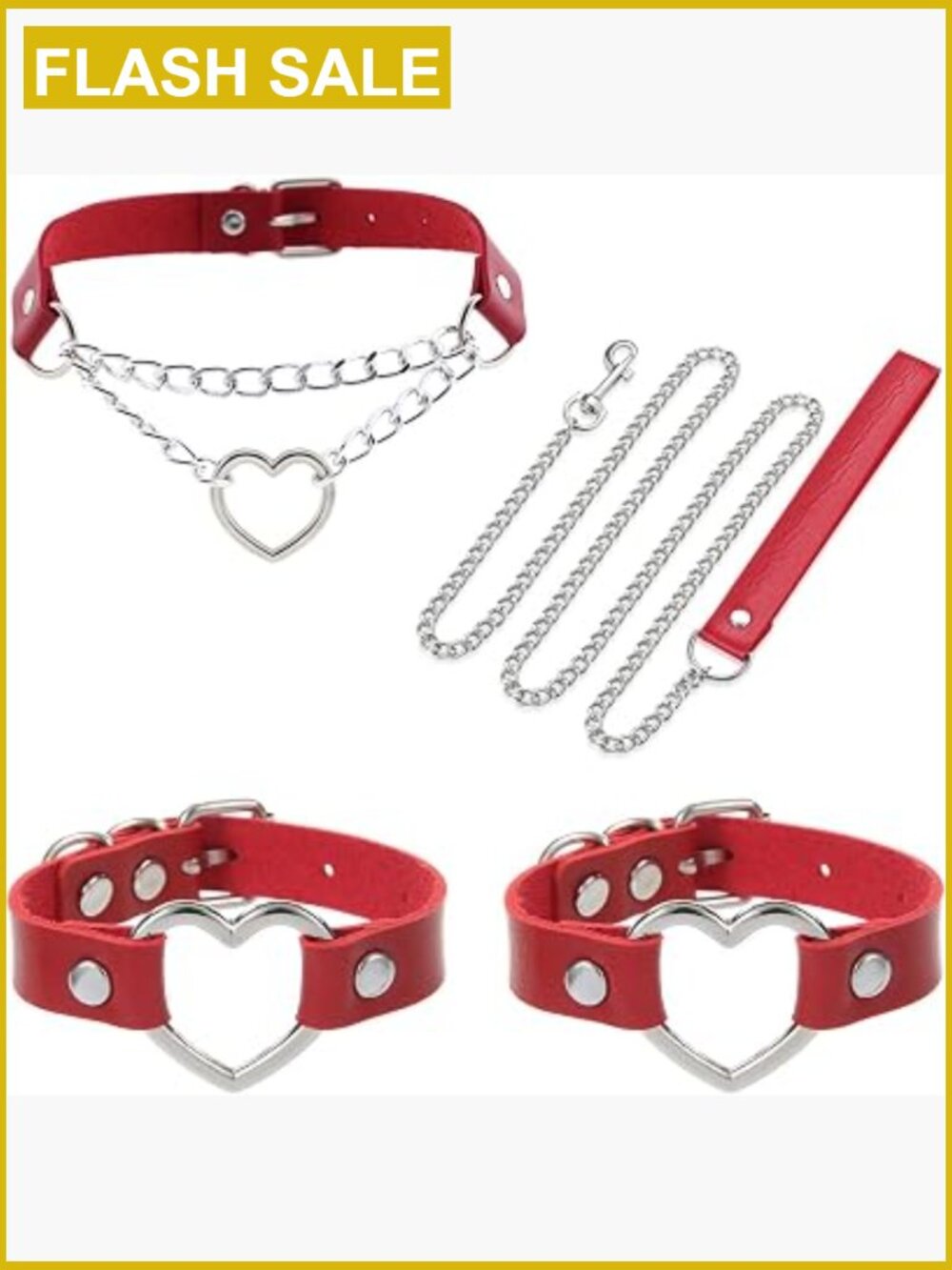 Heart Ring Detachable Chain Leash Choker Necklace Bracelet Set PU Leather